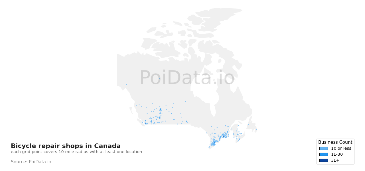 Bicycle repair shop density map for Ontario, Canada