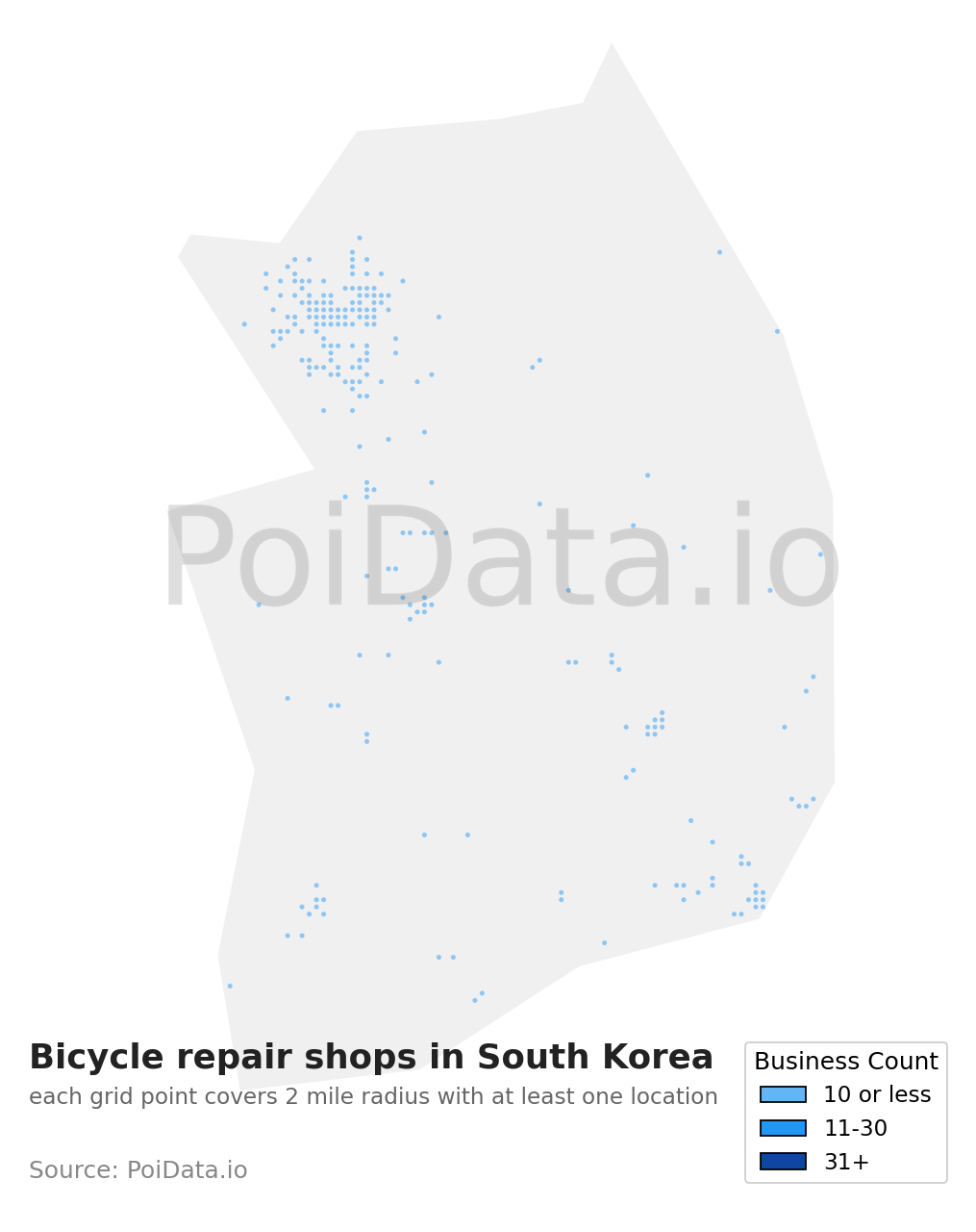 Bicycle repair shop density map for South Korea