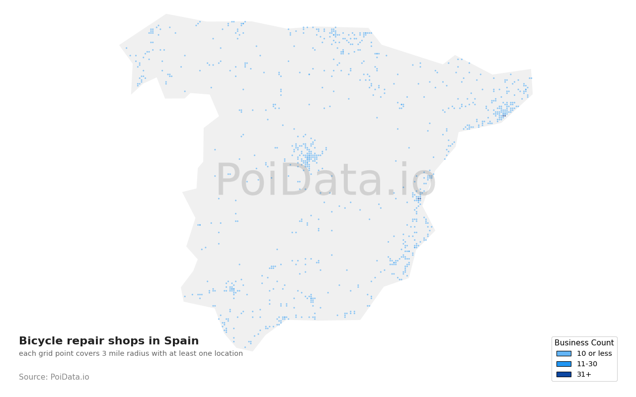 Bicycle repair shop density map for Spain