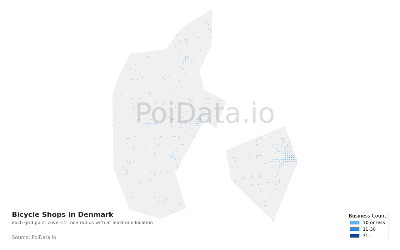 Bicycle Shop density map for Denmark