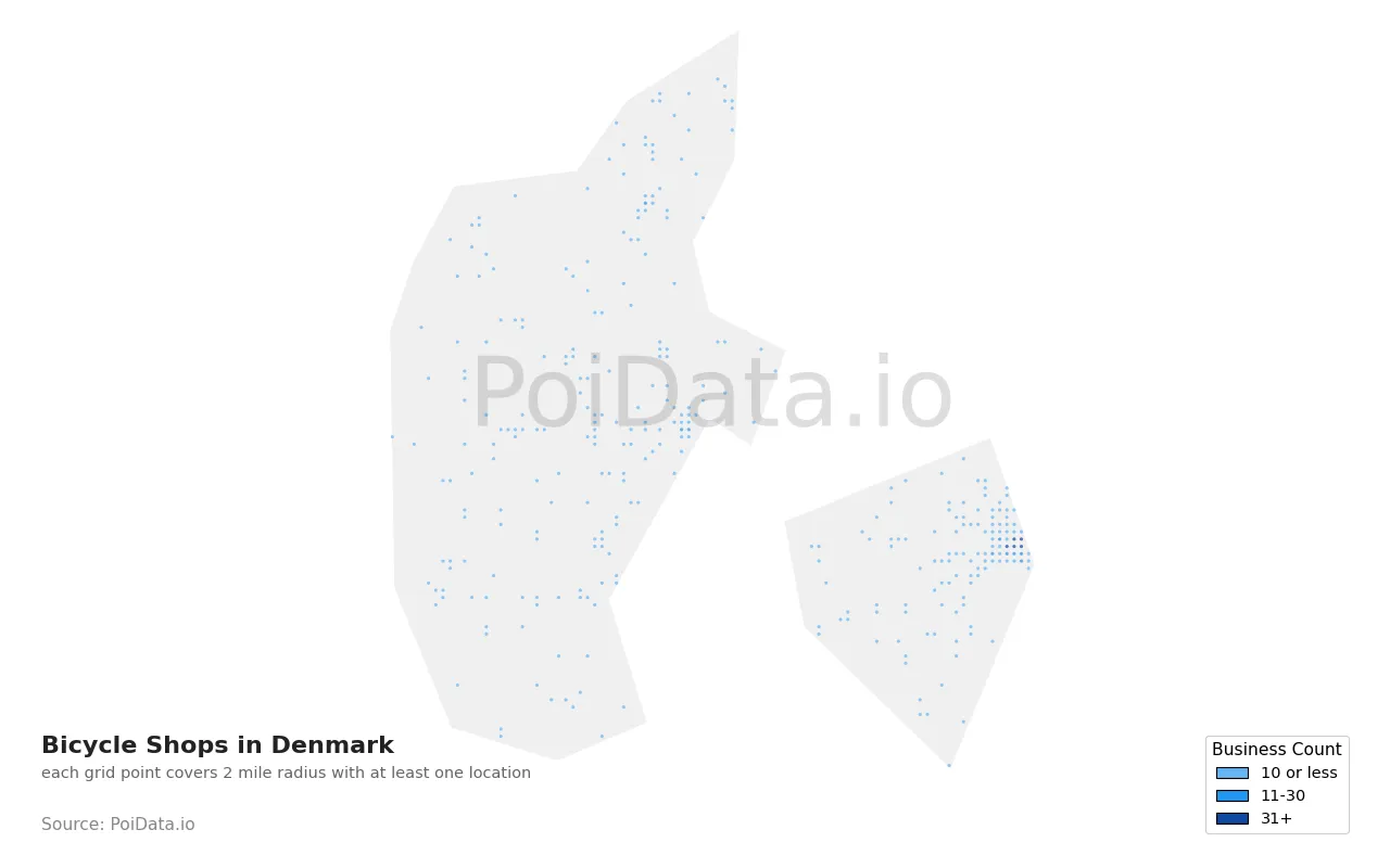 Bicycle Shop density map for Denmark