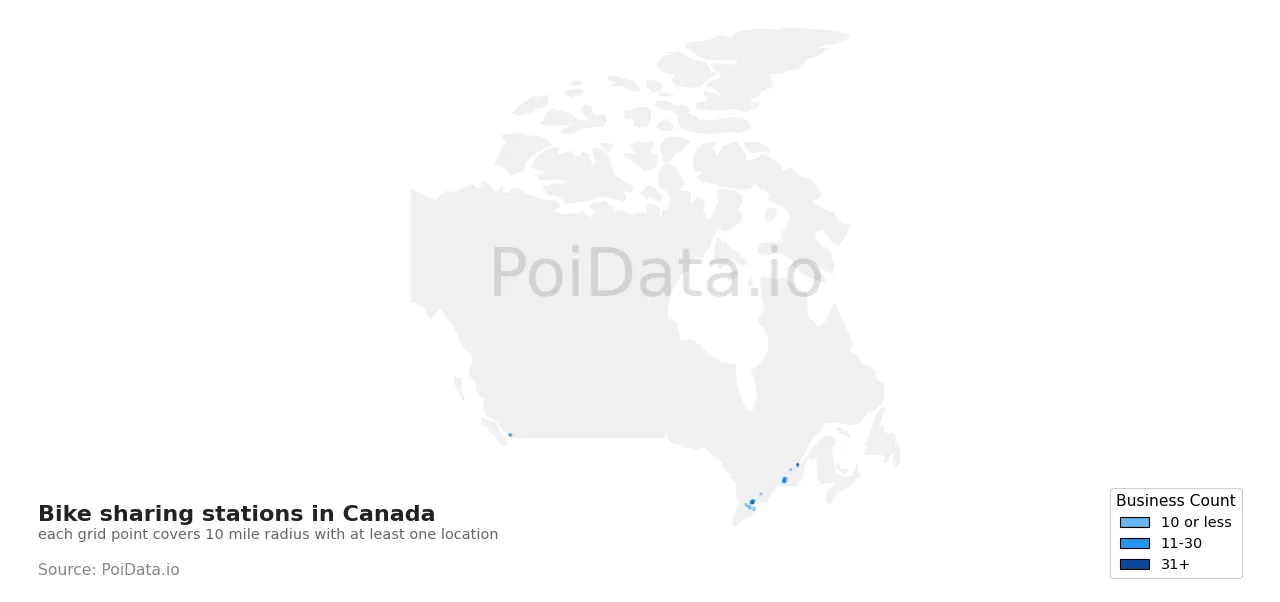 Bike sharing station density map for Canada