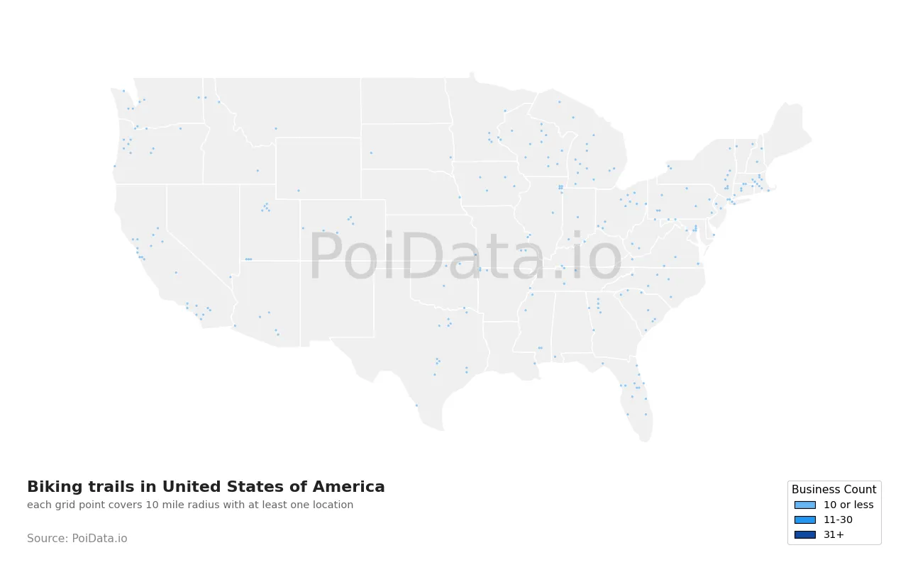 Biking trail density map for United States