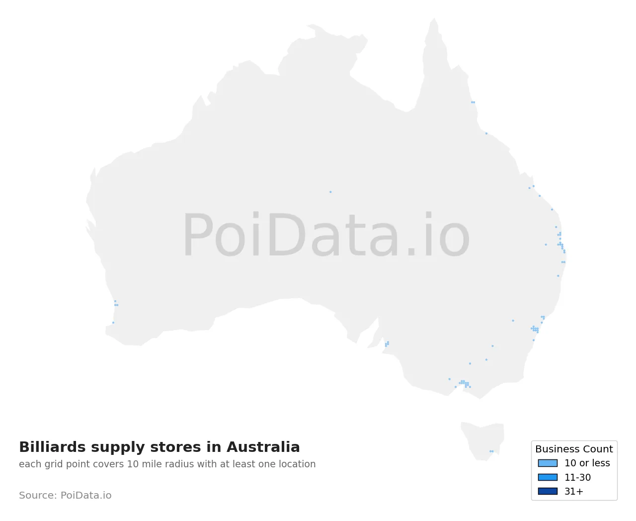 Billiards supply store density map for Australia
