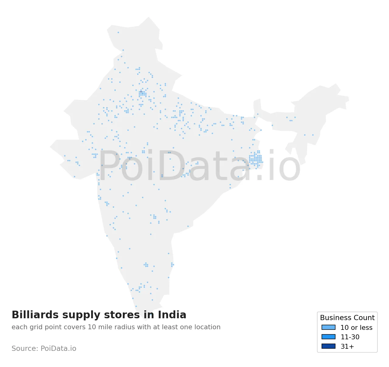 Billiards supply store density map for India