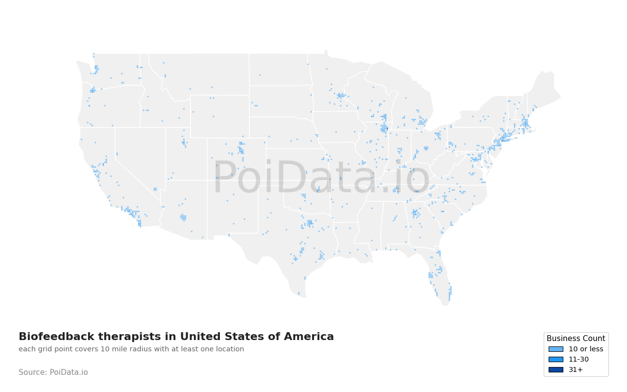 Biofeedback therapist density map for United States