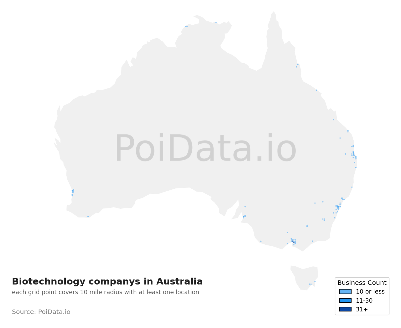 Biotechnology company density map for Australia