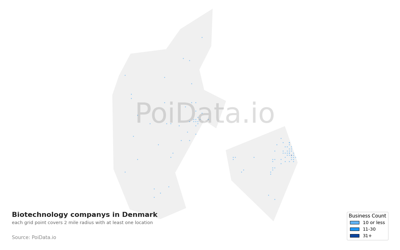Biotechnology company density map for Denmark