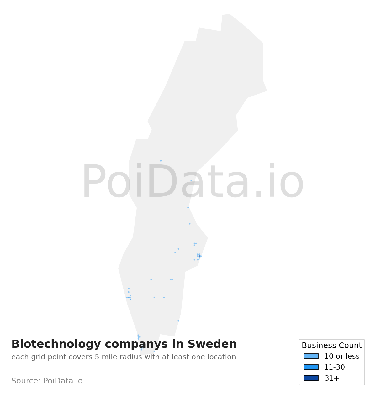 Biotechnology company density map for Sweden