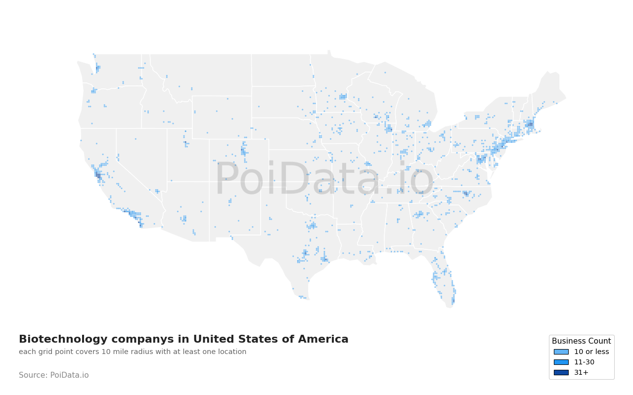 Biotechnology company density map for United States