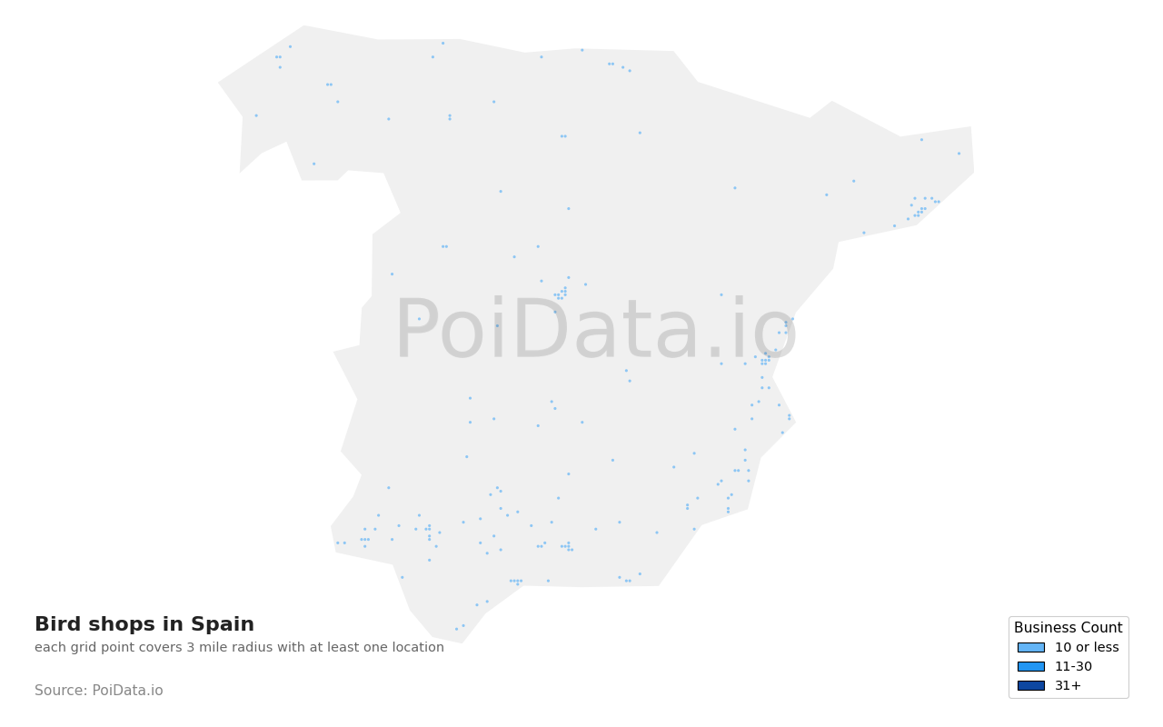 Bird shop density map for Spain