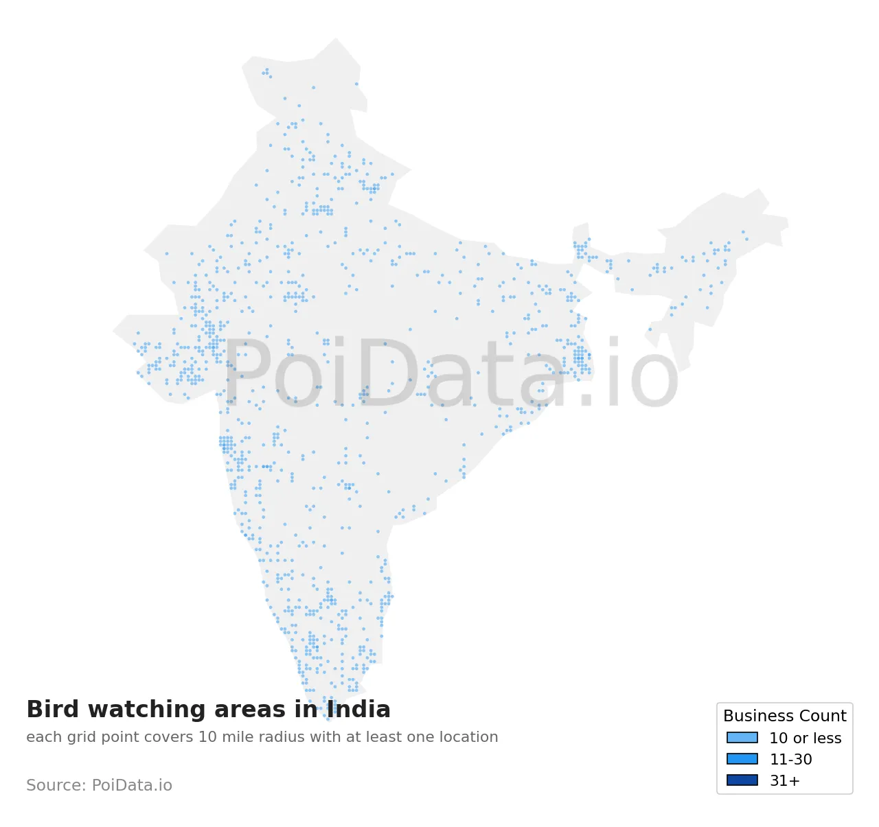 Bird watching area density map for India