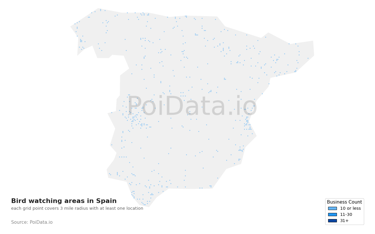 Bird watching area density map for Spain