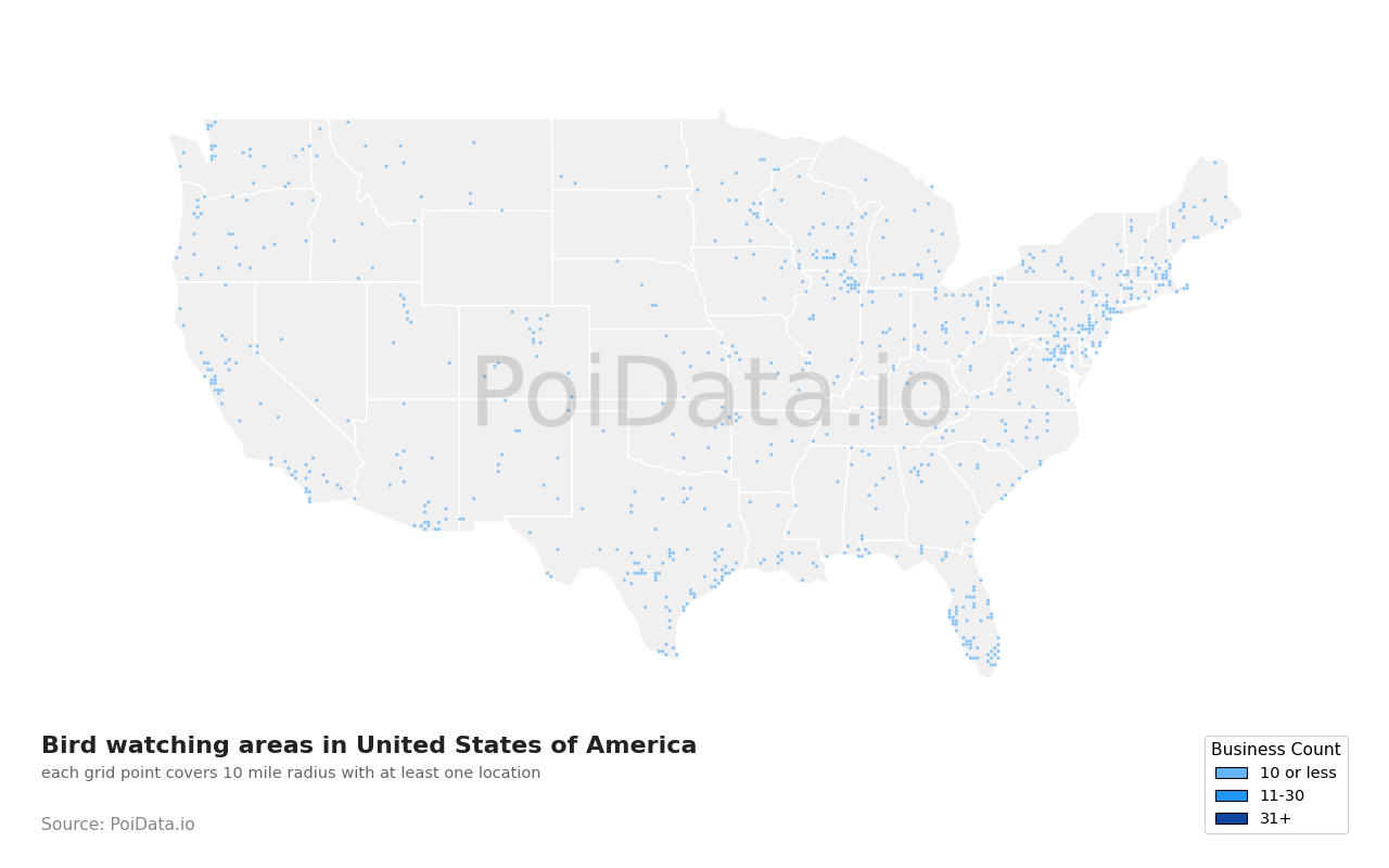Bird watching area density map for California, United States