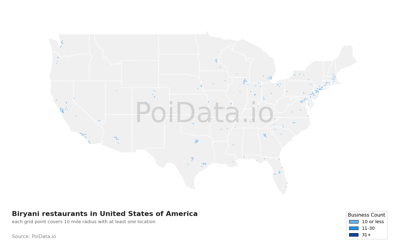 Biryani restaurant density map for Texas, United States