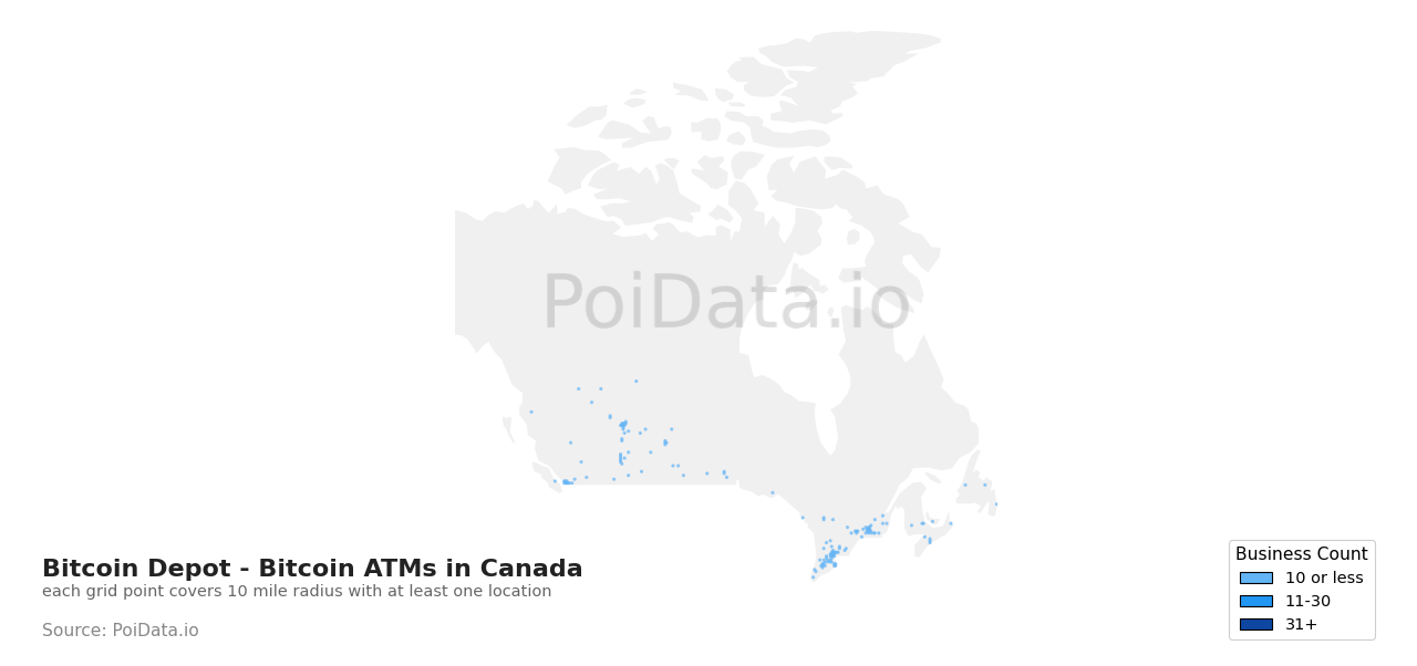 Bitcoin Depot - Bitcoin ATM density map for Canada