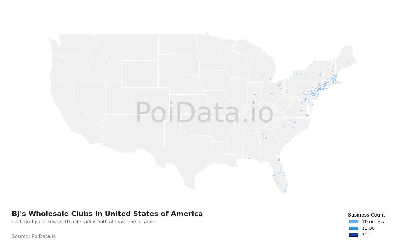 BJ's Wholesale Club density map for United States