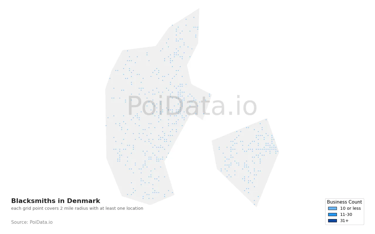 Blacksmith density map for Denmark