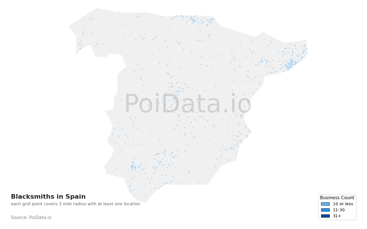 Blacksmith density map for Spain