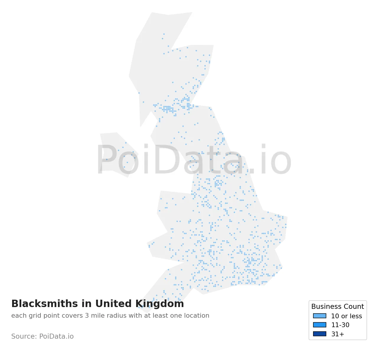 Blacksmith density map for United Kingdom