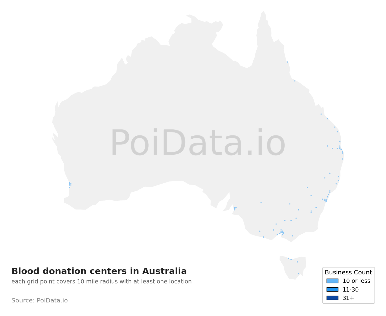 Blood donation center density map for Tasmania, Australia