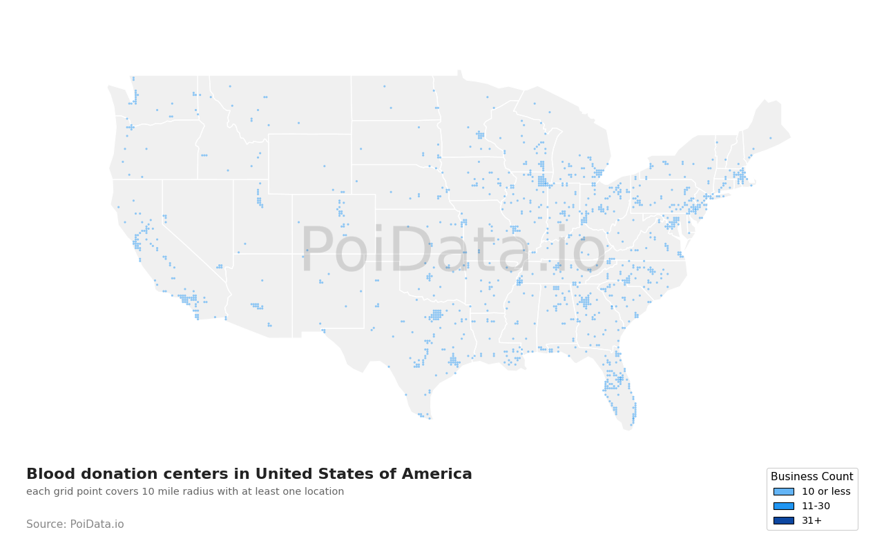 Blood donation center density map for Tennessee, United States
