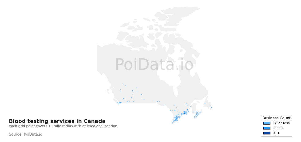Blood testing service density map for Canada