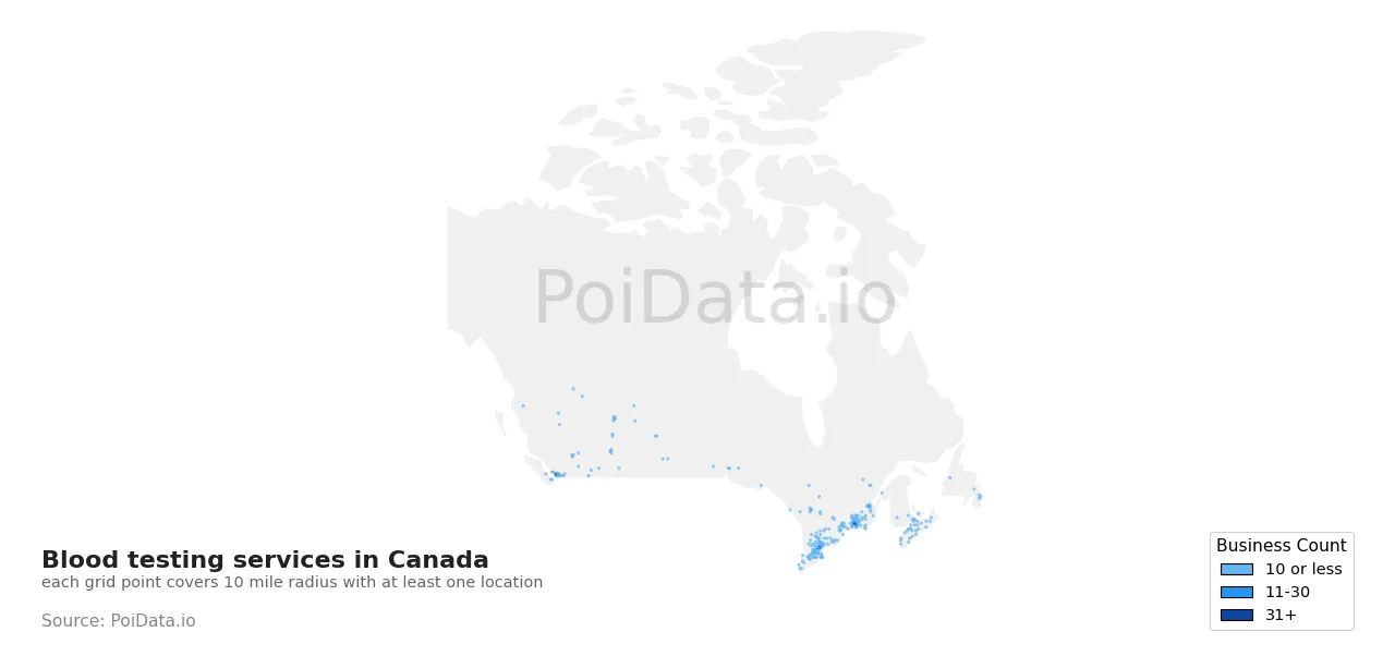 Blood testing service density map for Canada