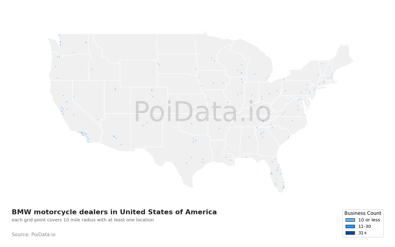 BMW motorcycle dealer density map for Tennessee, United States