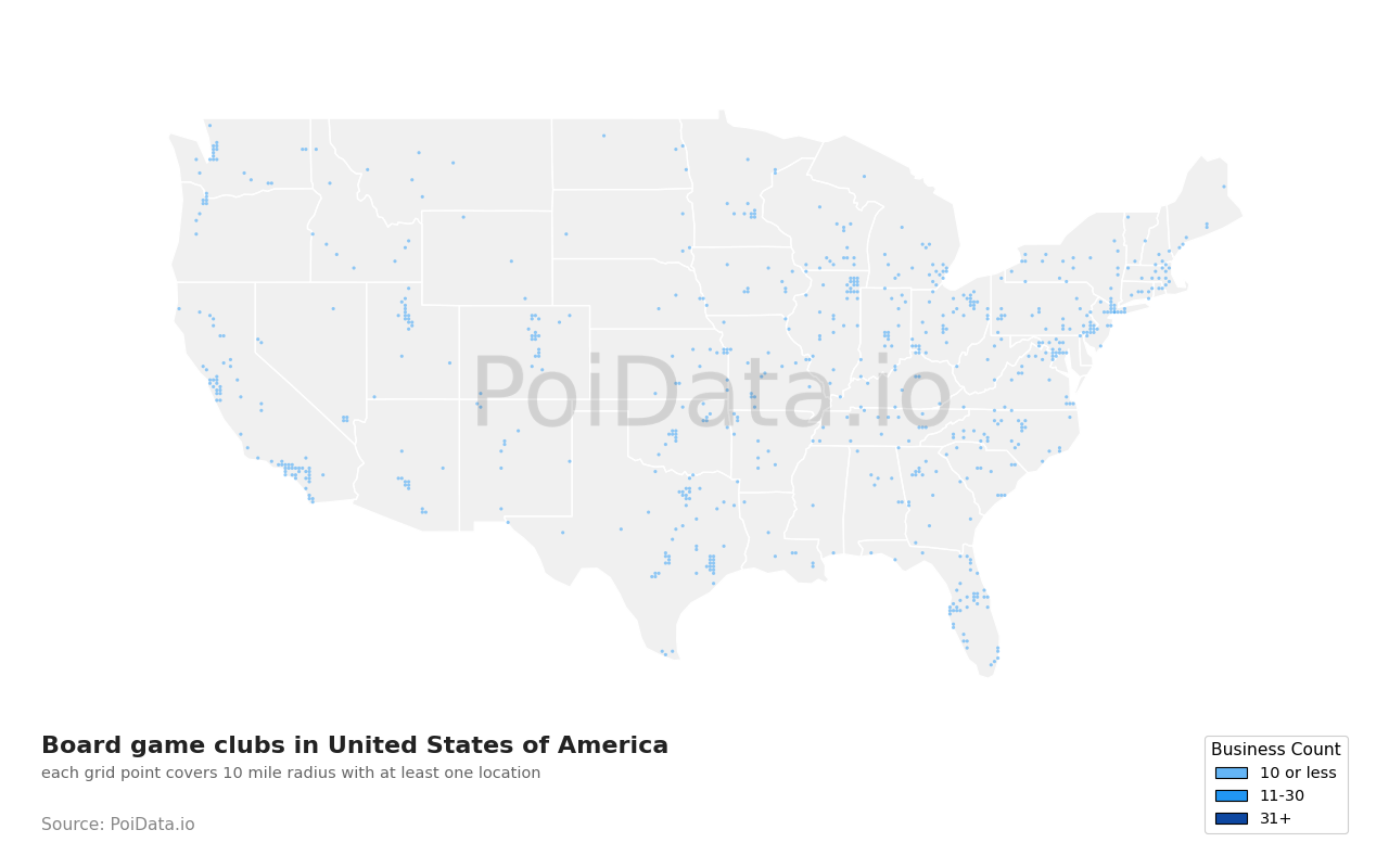 Board game club density map for United States