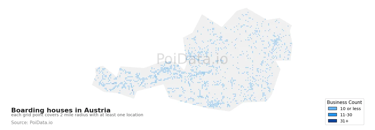 Boarding house density map for Austria