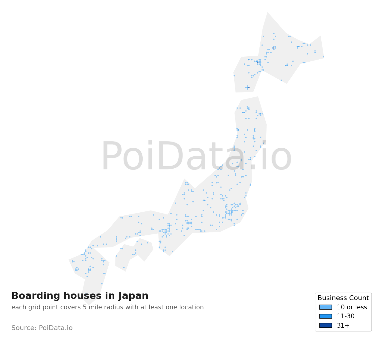 Boarding house density map for Fukuoka, Japan