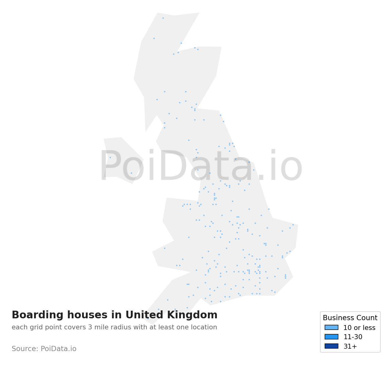 Boarding house density map for United Kingdom