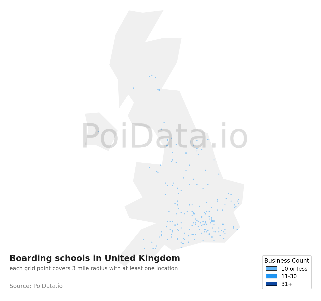 Boarding school density map for United Kingdom
