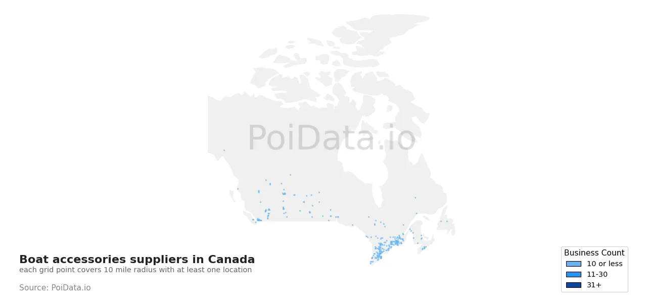 Boat accessories supplier density map for Canada