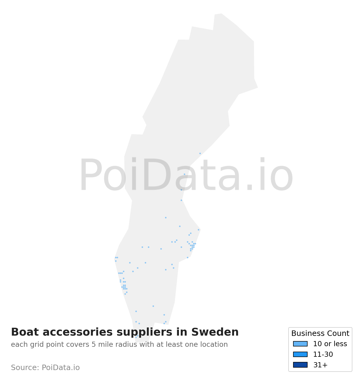 Boat accessories supplier density map for Sweden
