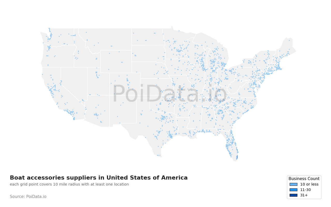 Boat accessories supplier density map for United States