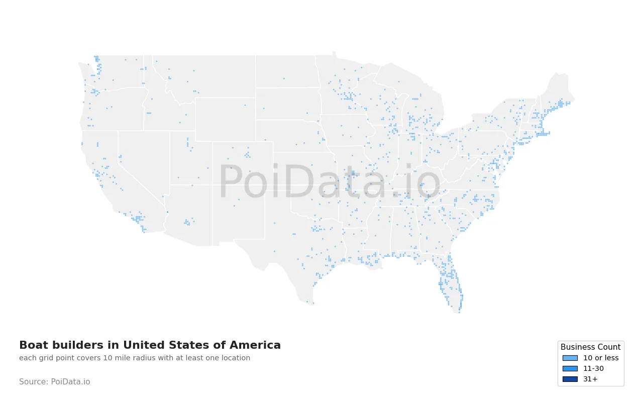 Boat builders density map for United States