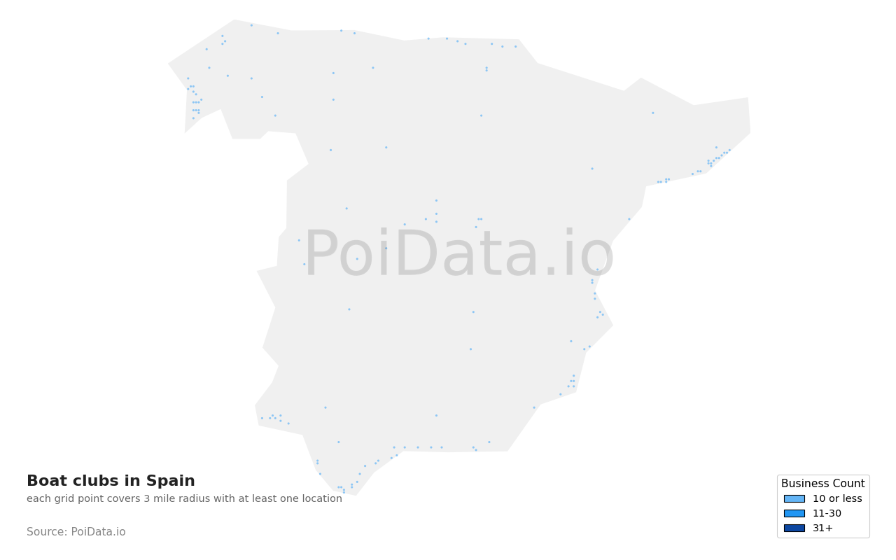 Boat club density map for Spain
