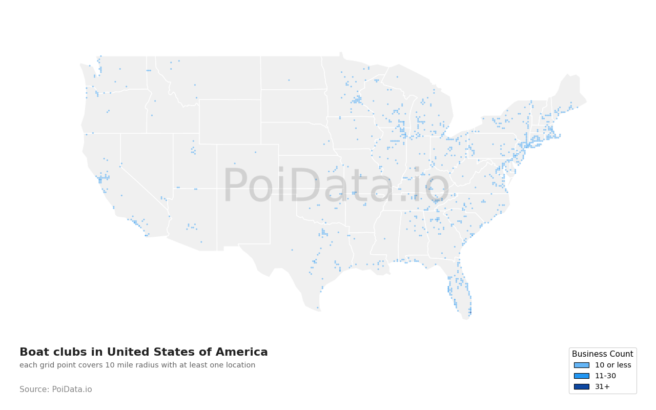 Boat club density map for United States