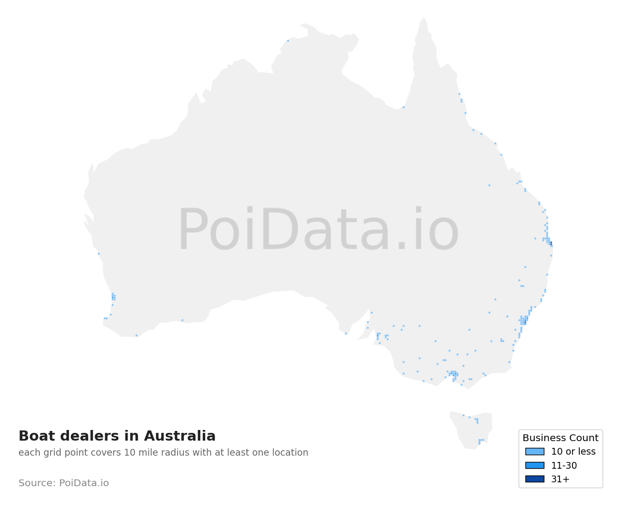 Boat dealer density map for Australia