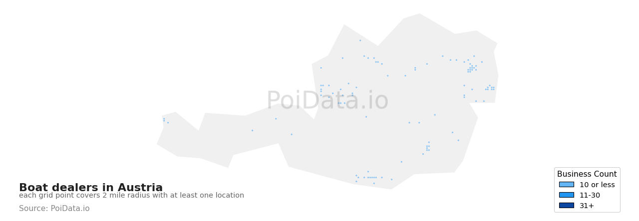 Boat dealer density map for Austria