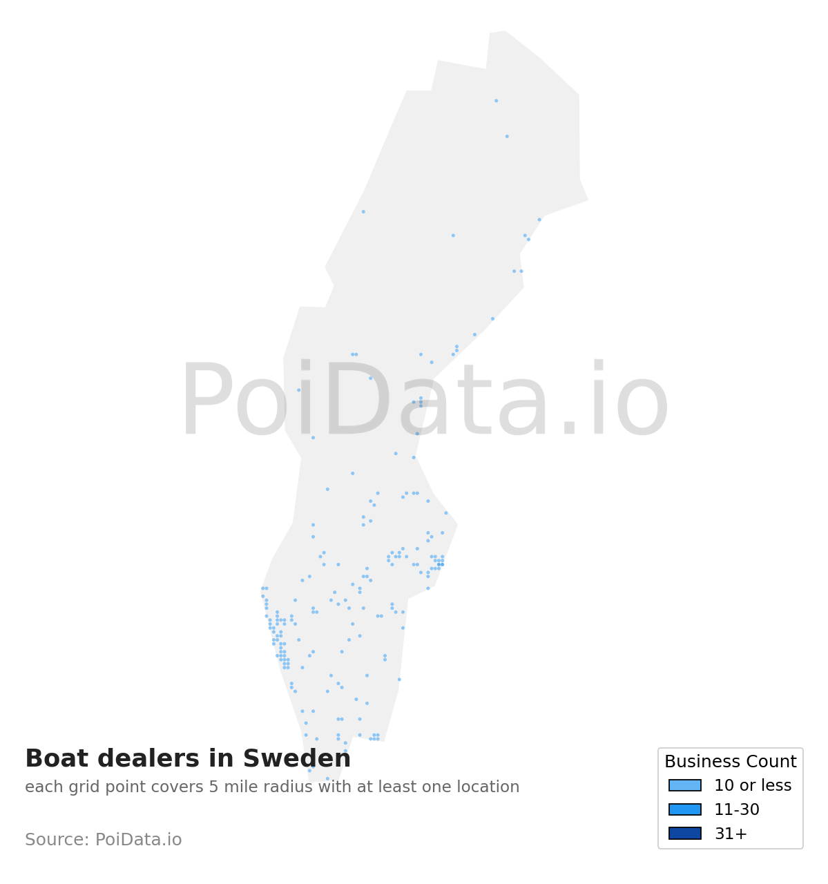 Boat dealer density map for Sweden