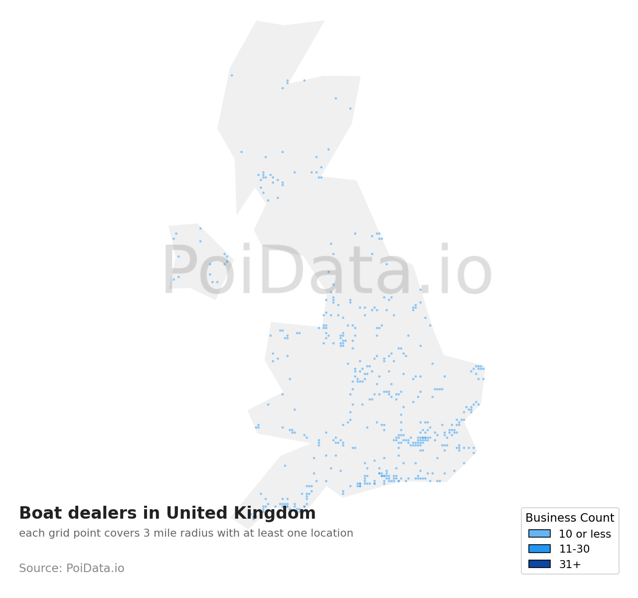 Boat dealer density map for United Kingdom