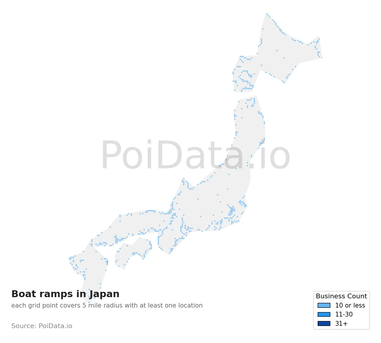 Boat ramp density map for Japan