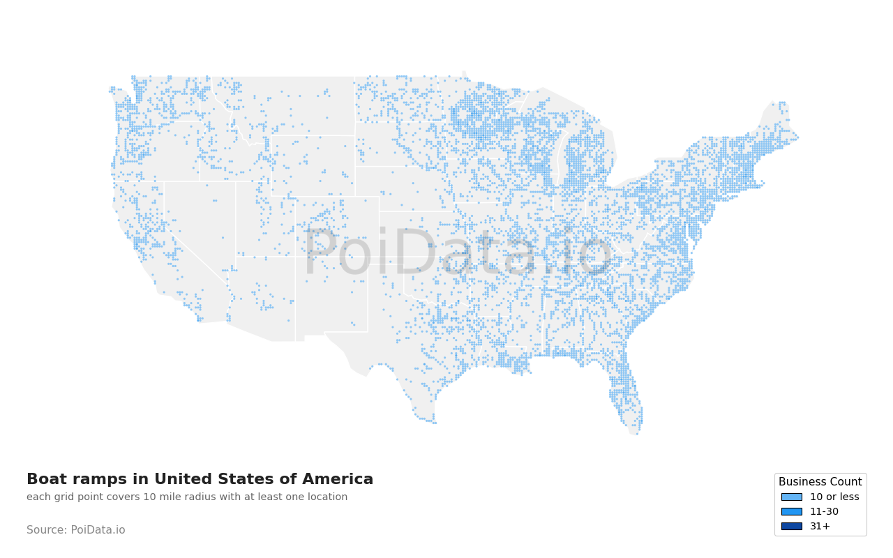 Boat ramp density map for United States