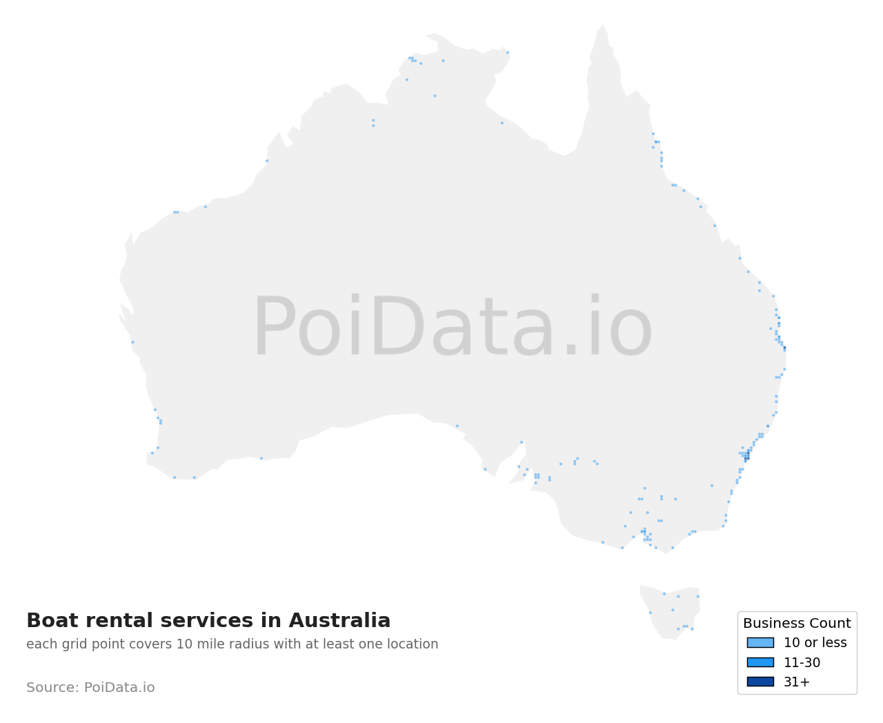 Boat rental service density map for Australia