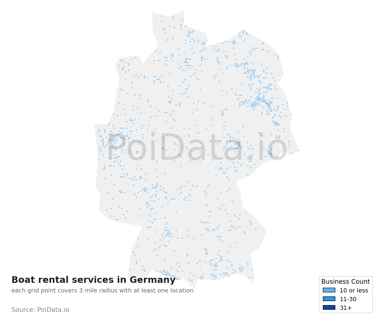 Boat rental service density map for Germany