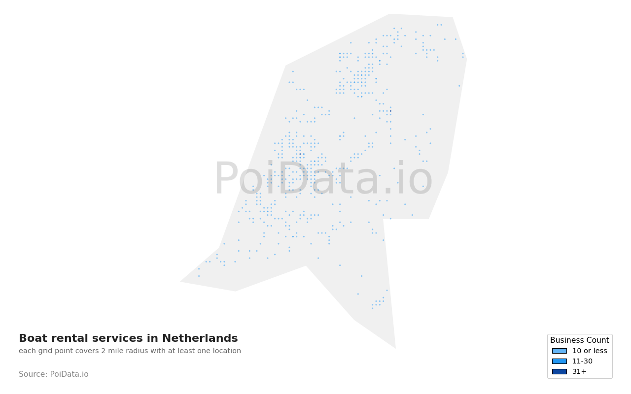 Boat rental service density map for Netherlands
