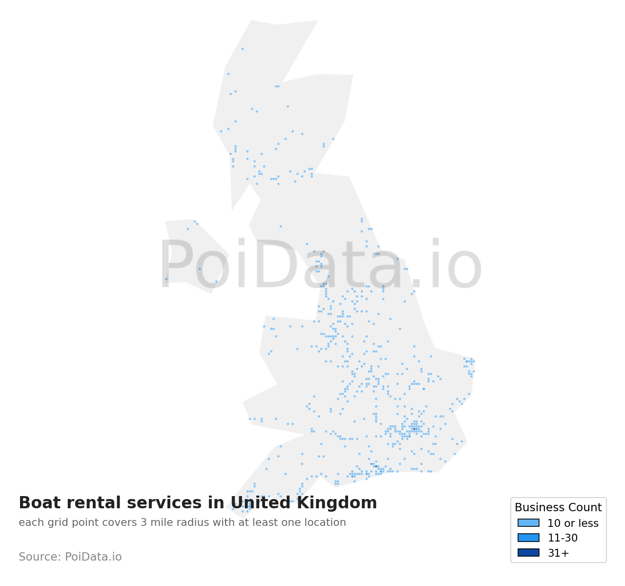 Boat rental service density map for United Kingdom